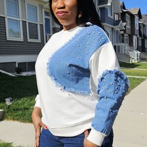 NWT Denim Patchwork W/Rhinestones Sweatshirt